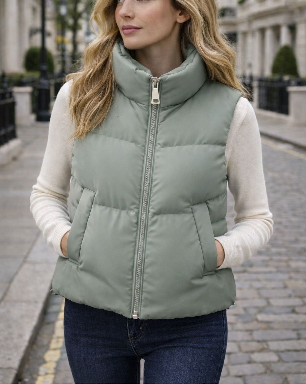 Woman wearing a green puffer vest on a city street